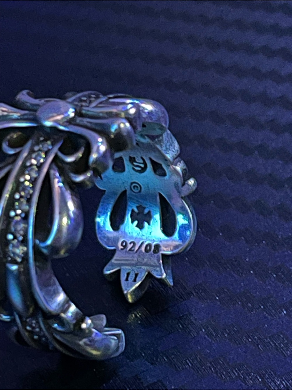 Chrome Hearts Silver Floral Cross Ring with Clear Stones